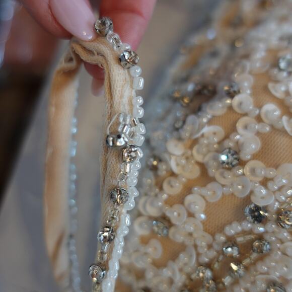 Vintage Y2K Dress 6 Nude Cocktail Party Sequin Beaded Feather Lace Up Back Mini - Picture 15 of 16